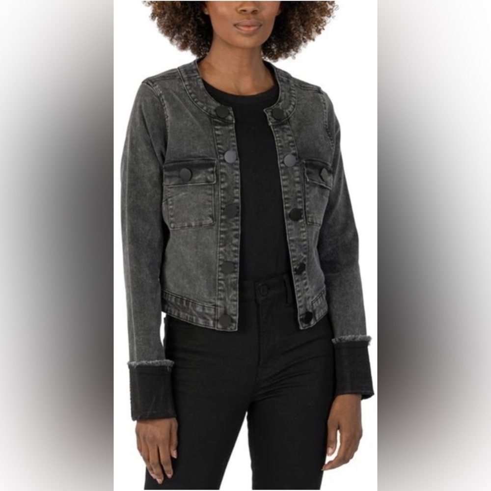 KUT from the Kloth Belle Jacket Medium Gray Denim Snap Front Cropped Chic S5